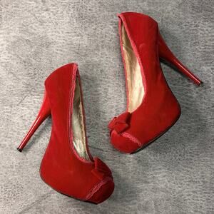 Qupid Red Suede Bow and Lace Stilettos